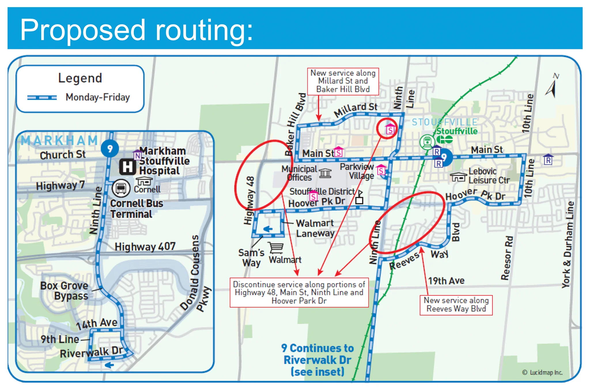 Map of the proposed Route 9 reroute in Stouffville