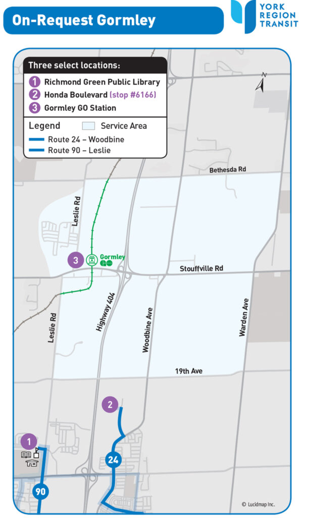 A YRT map of the Gormley Service area.
