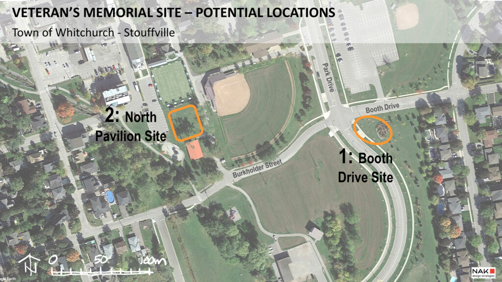 A map showing the two location options considered for a new Memorial Park memorial space.