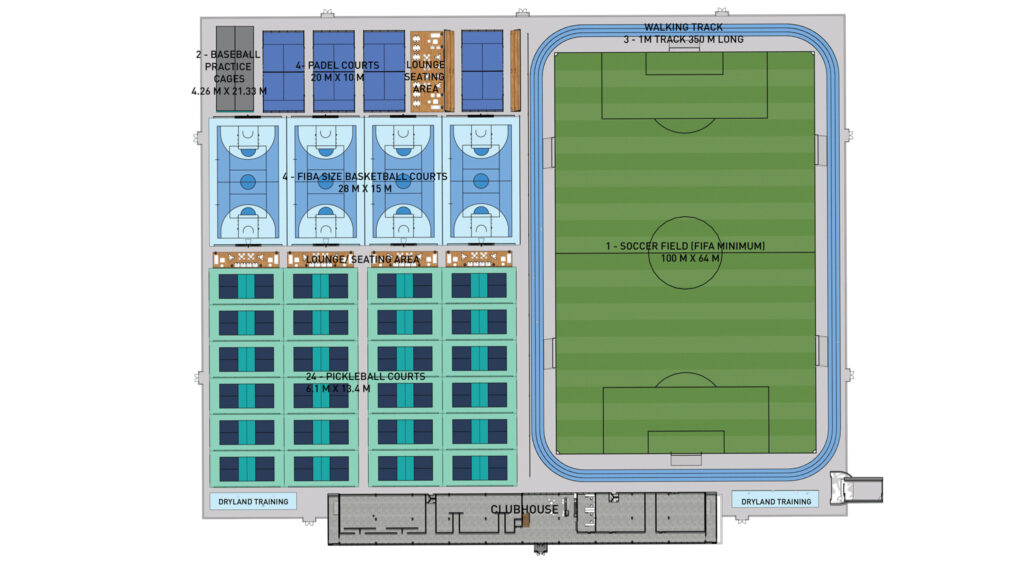 A drawing showing how courts will be laid out within the sports dome interior