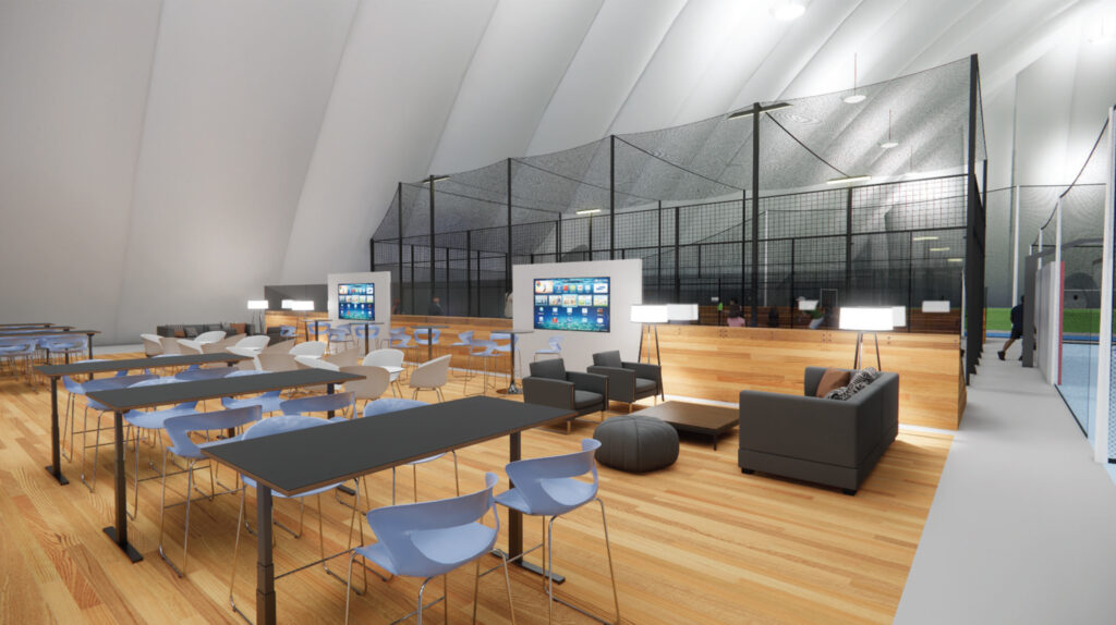 A rendering of the padel court lounge and seating area.
