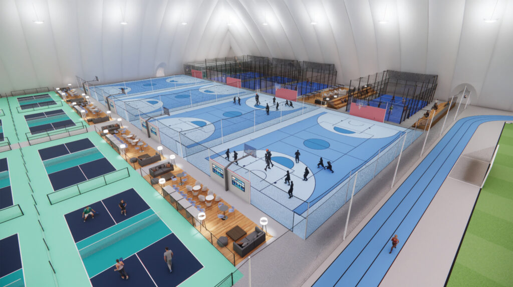 A high-level rendering showing various court spaces.