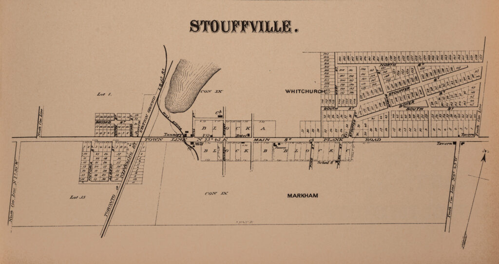 A map of Stouffville from the 1878 Miles & Co. Illustrated Atlas of the County of York. 