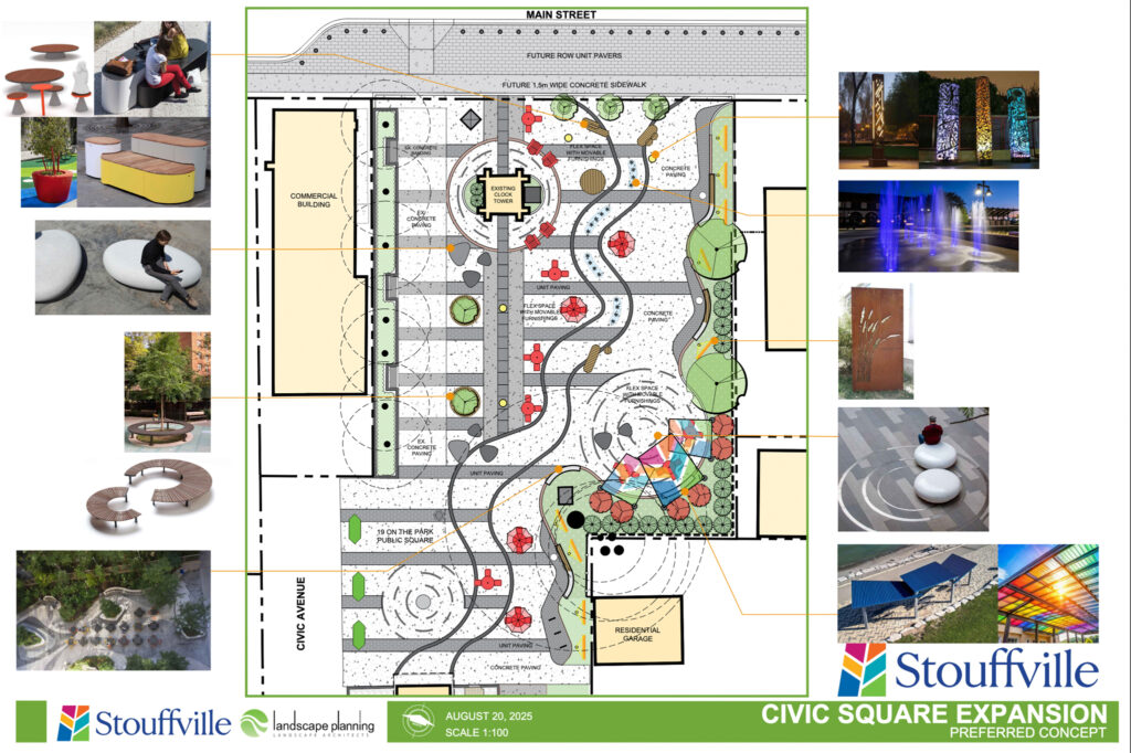 A site plan drawing showing various design elements incorporated into the Civic Square redesign.