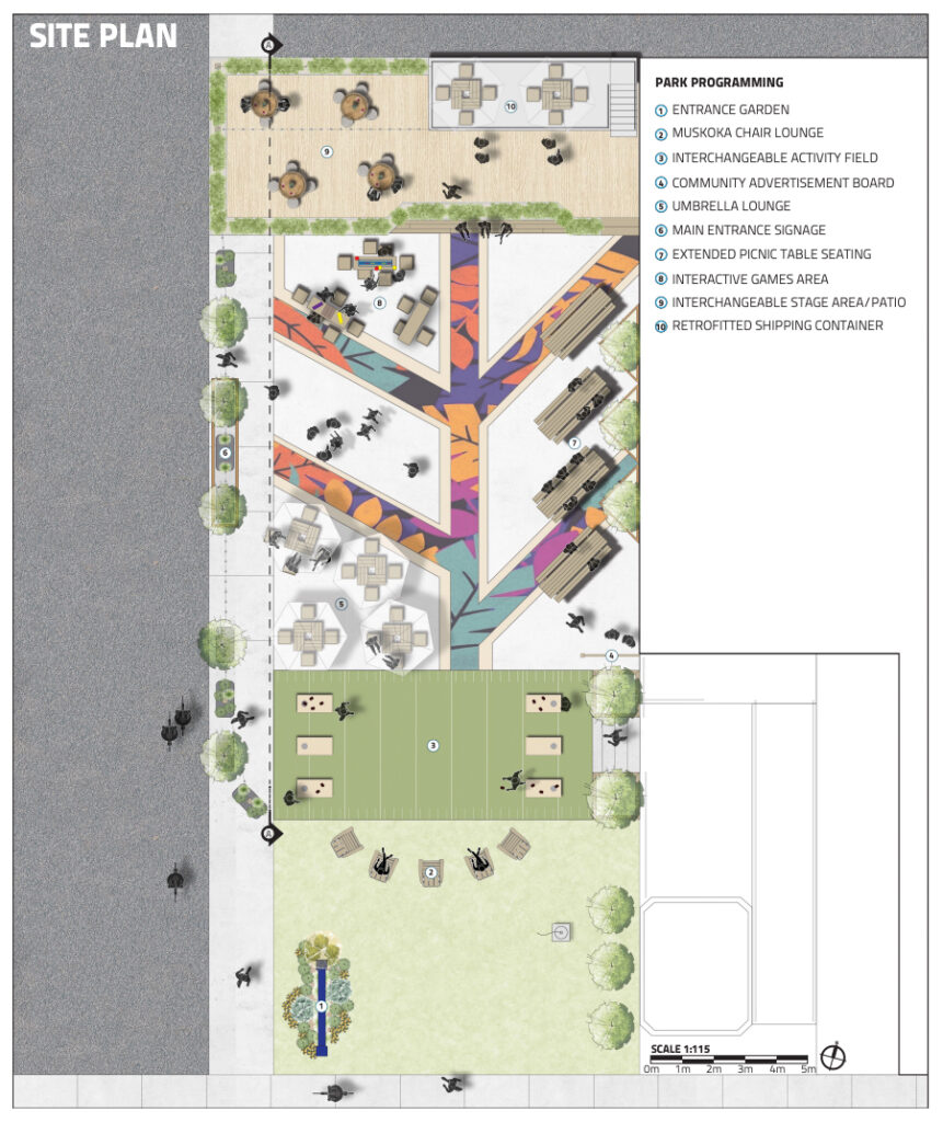 A top-down drawing showing the proposed layout for Stouffville's Urban Plaza.