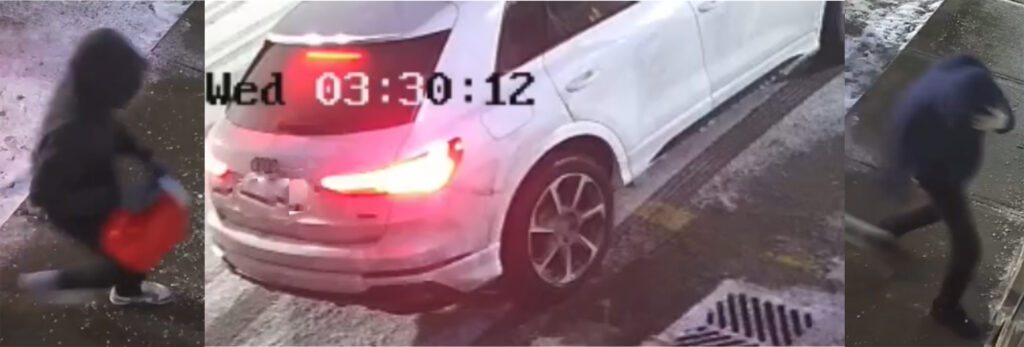 Photographs from YRP showing the suspects and the white Audi SUV they were driving.