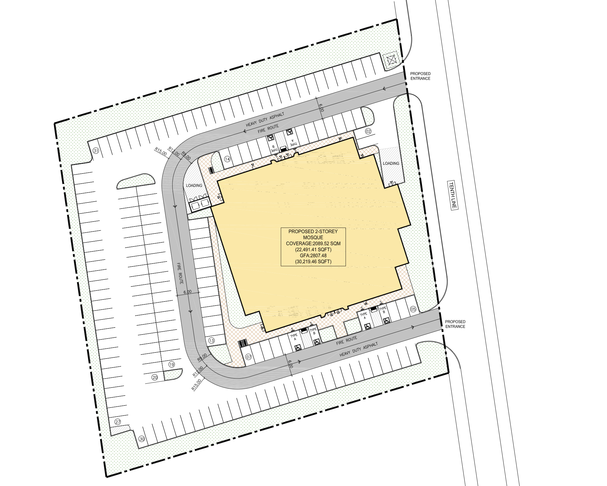 A drawing showing the building footprint surrounding by a wrapping internal roadway and parking spaces.  