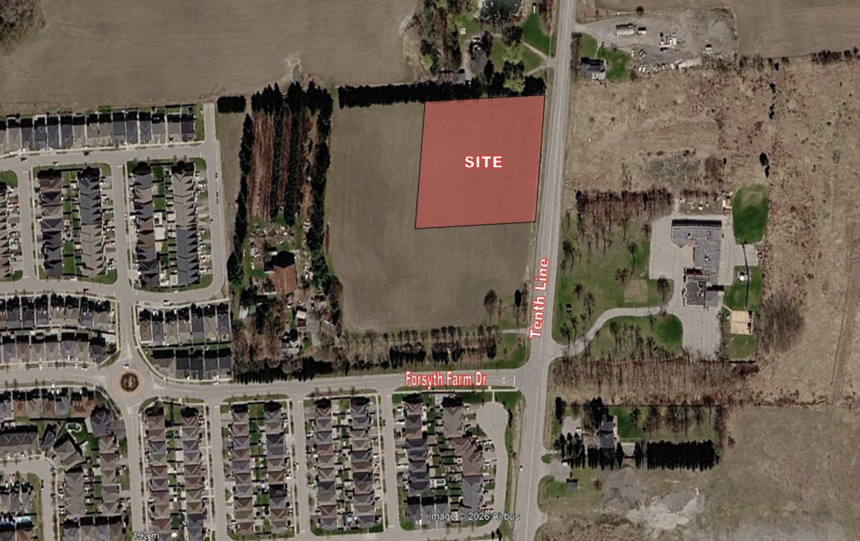 A satellite map showing the proposed parcel of land on Tenth Line that would be severed for the project. 