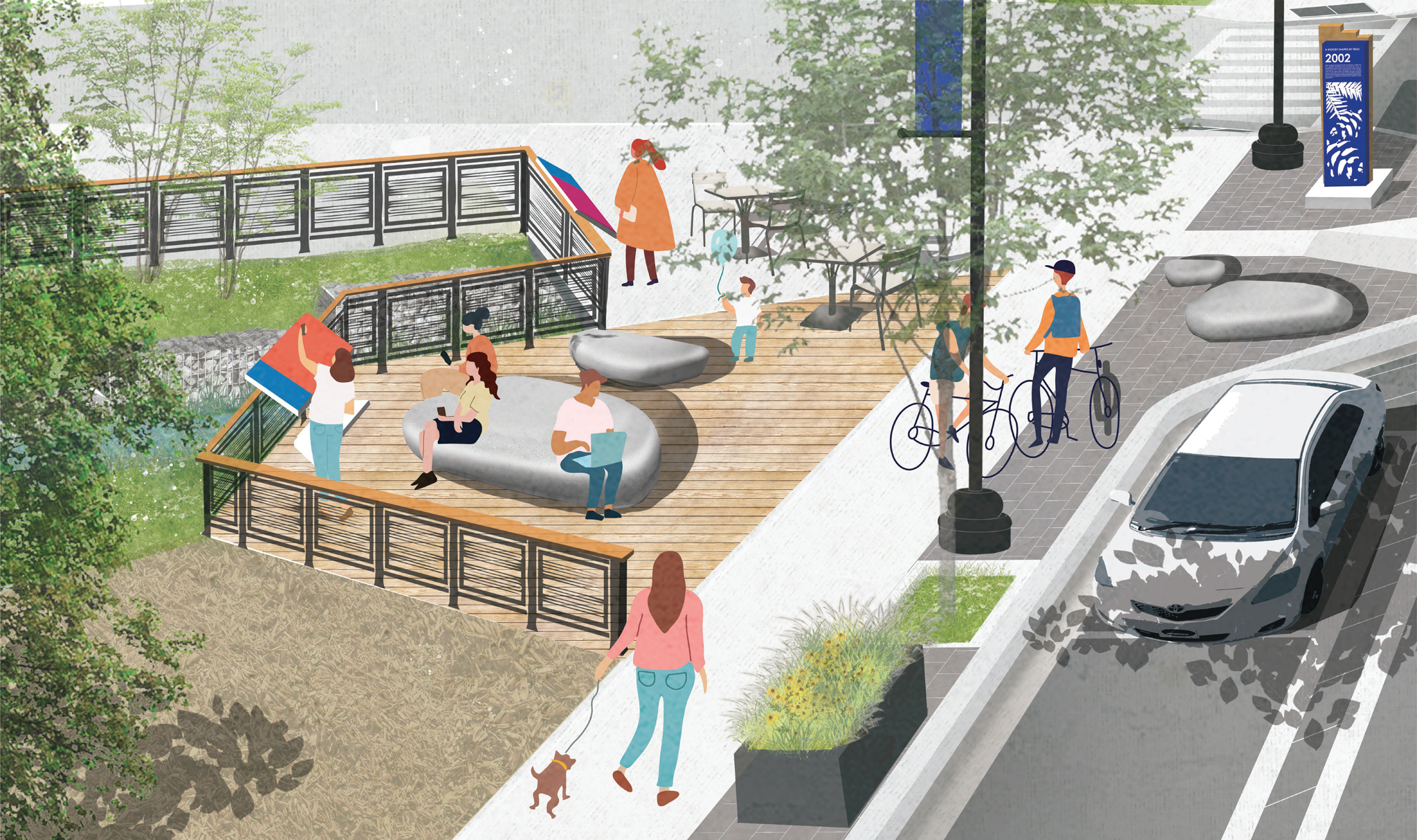 A graphic showing the new "Main Street Meet-up" area looking over Stouffville Creek, as part of the Main Street Reconstruction project. 